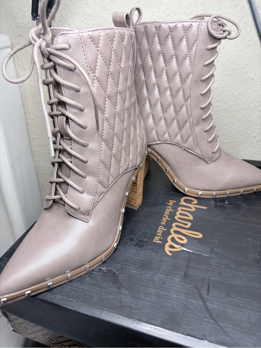 Charles by Charles David Quilted Lace-Up Ankle Boots in Taupe